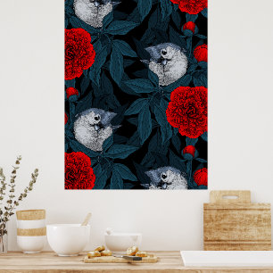 Vögel und Blume aus Roter Pest mit blauen Blätter Poster