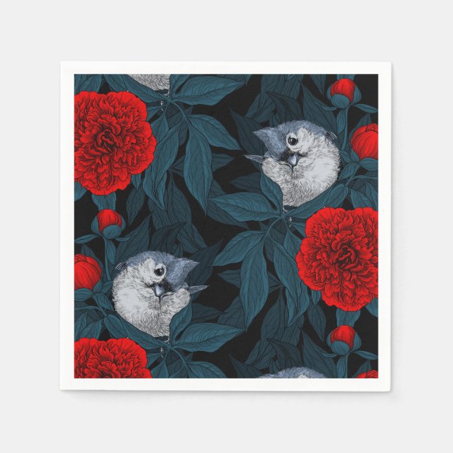 Vögel und Blume aus Roter Pest mit blauen Blätter Serviette (Vorderseite)