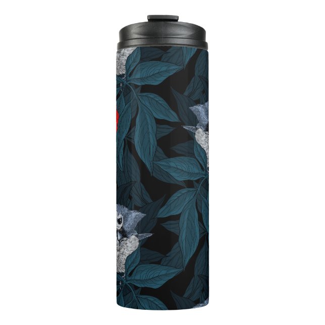 Vögel und Blume aus Roter Pest mit blauen Blätter Thermosbecher (Vorderseite)