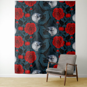 Vögel und Blume aus Roter Pest mit blauen Blätter Wandteppich