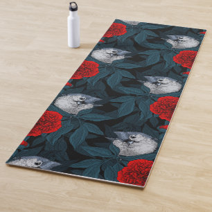 Vögel und Blume aus Roter Pest mit blauen Blätter Yogamatte
