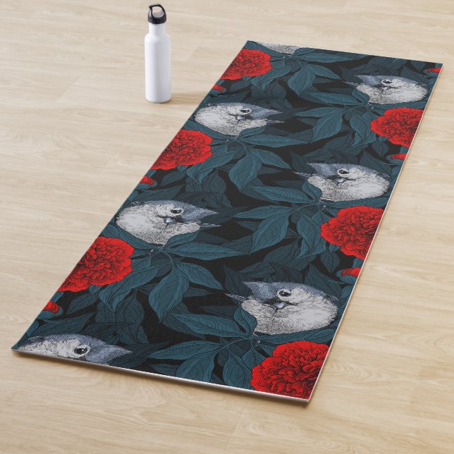 Vögel und Blume aus Roter Pest mit blauen Blätter Yogamatte (Beispiel)