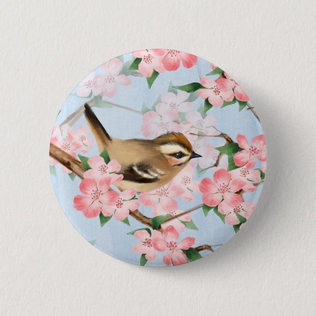 Vögel und Blume. Frühlingsgartenmuster Button (Vorderseite)