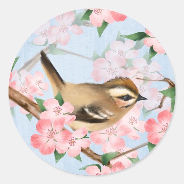 Vögel und Blume. Frühlingsmuster Runder Aufkleber (Vorderseite)