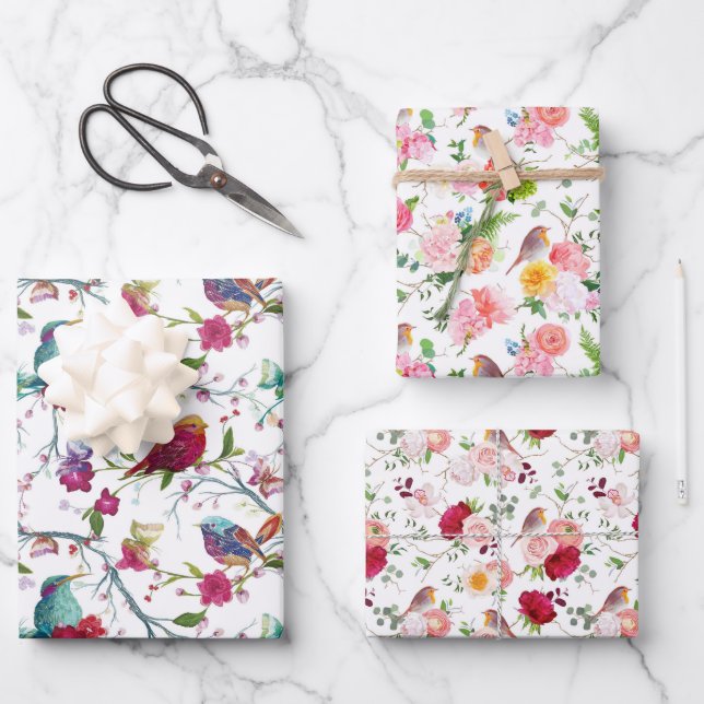 Vögel und Blume Geschenkpapier Set (Vorderseite)