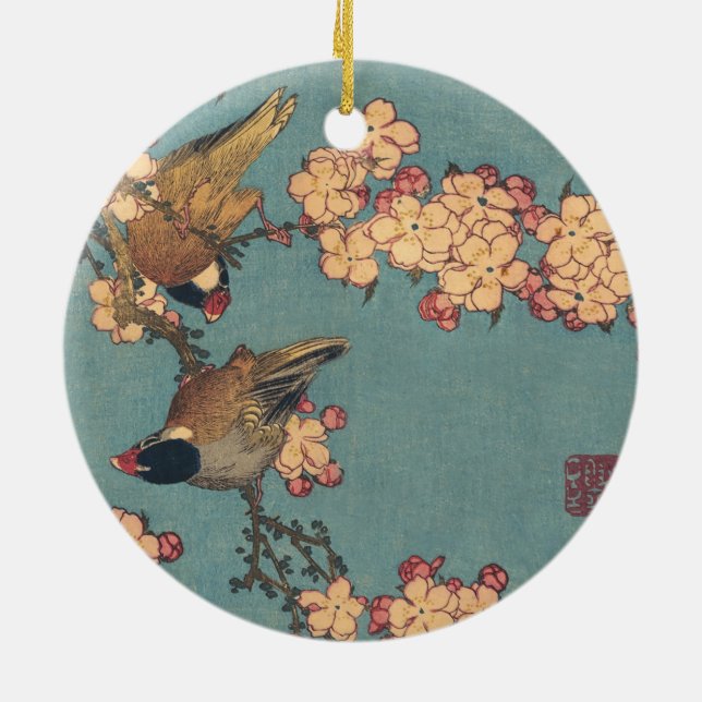 Vögel und Blume Japanisch Art Pink Floral Keramik Ornament (Hinten)