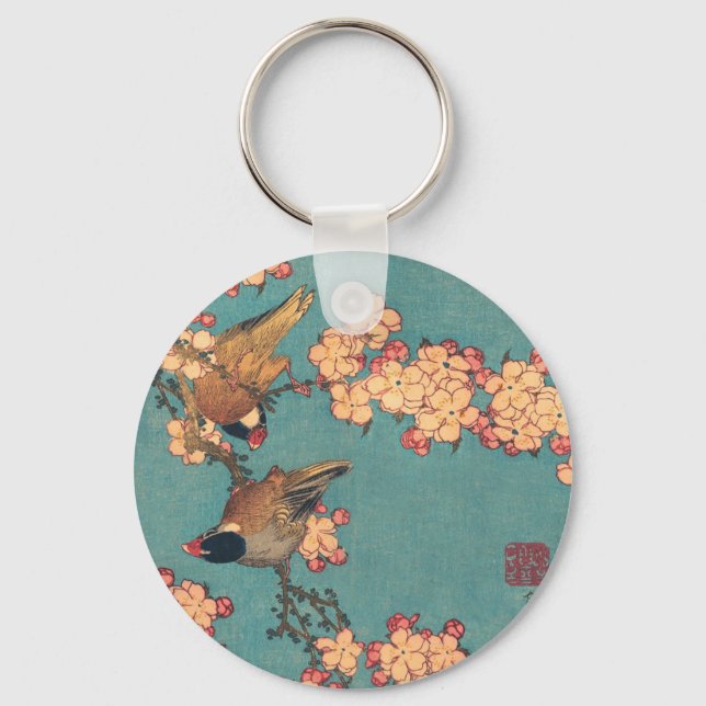 Vögel und Blume Japanisch Art Pink Floral Schlüsselanhänger (Vorderseite)
