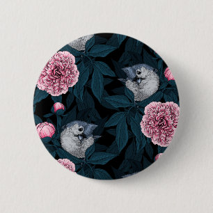 Vögel und Blume mit rosa Birnen und Blätter Button