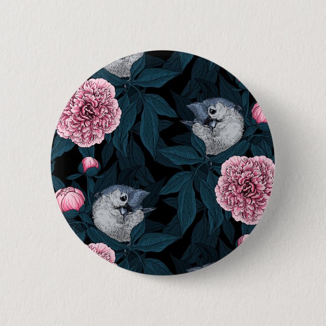 Vögel und Blume mit rosa Birnen und Blätter Button (Vorderseite)