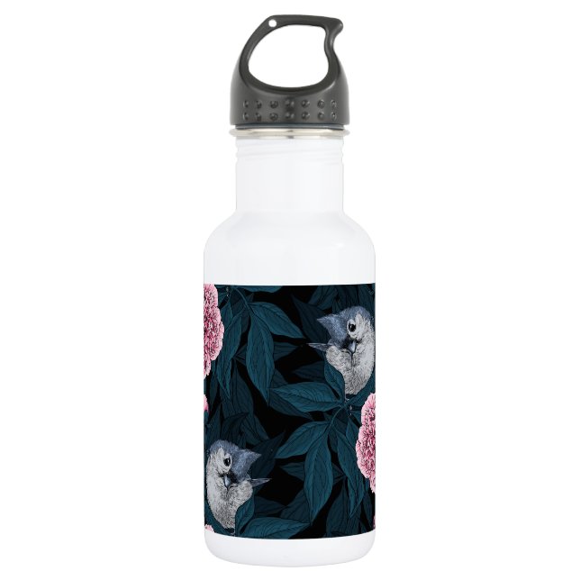 Vögel und Blume mit rosa Birnen und Blätter Edelstahlflasche (Vorderseite)