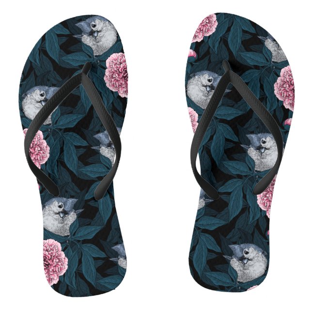 Vögel und Blume mit rosa Birnen und Blätter Flip Flops (Fußbett)