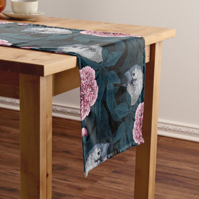 Vögel und Blume mit rosa Birnen und Blätter Kurzer Tischläufer (Beispiel)