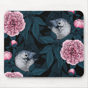Vögel und Blume mit rosa Birnen und Blätter Mousepad