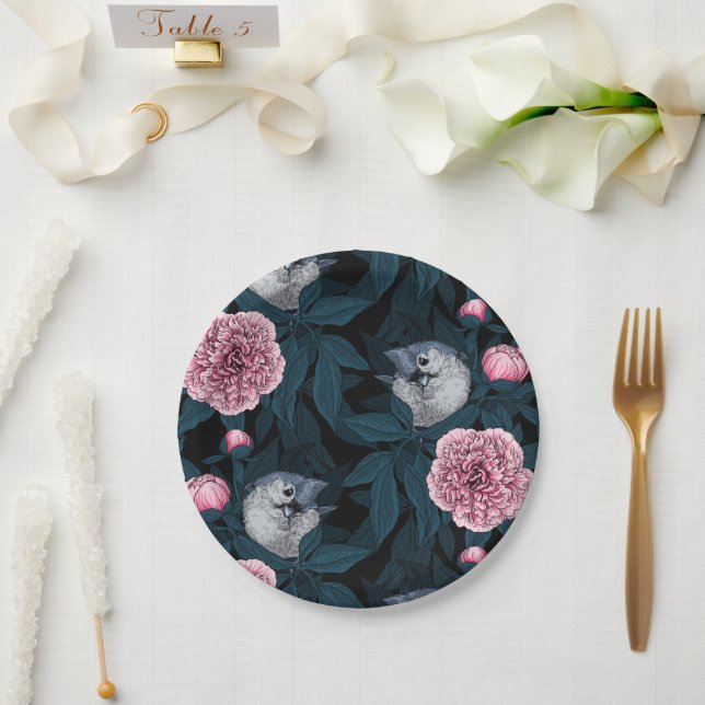 Vögel und Blume mit rosa Birnen und Blätter Pappteller (Hochzeit)