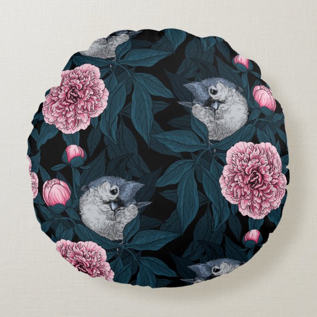 Vögel und Blume mit rosa Birnen und Blätter Rundes Kissen (Vorderseite)