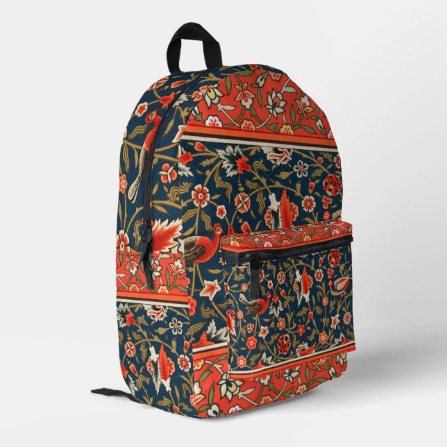 Vogel und Blume Persisches Blaues Muster Bedruckter Rucksack (Rückseitige Ecke links)