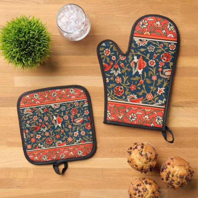 Vogel und Blume Persisches Blaues Muster Ofenhandschuh & Topflappen-Set (Oben Unten)