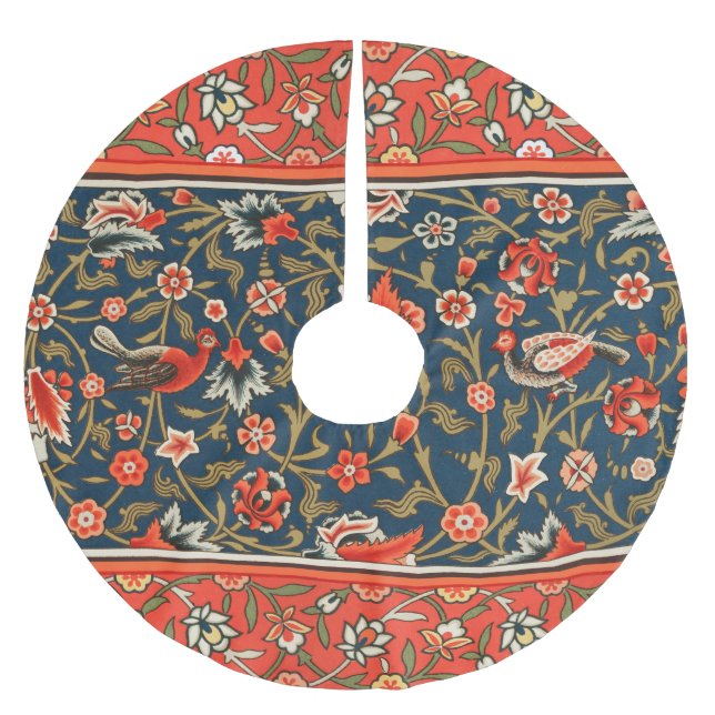 Vogel und Blume Persisches Blaues Muster Polyester Weihnachtsbaumdecke (Vorderseite)