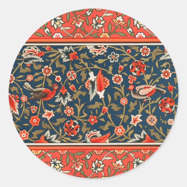 Vogel und Blume Persisches Blaues Muster Runder Aufkleber (Vorderseite)