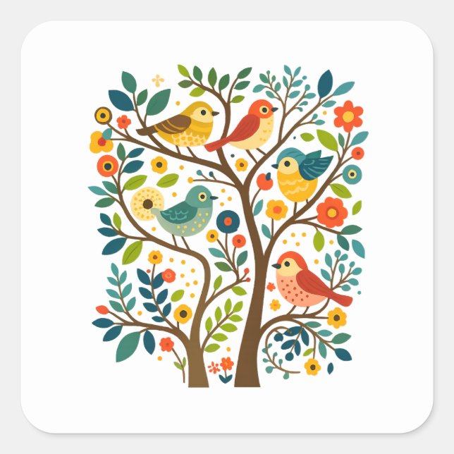 Vögel und Blume Skandinavische Volkskunst Quadratischer Aufkleber (Vorderseite)