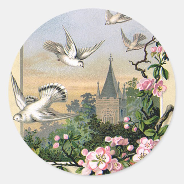 Vögel und Blume Vintager Ostern, Weißtauben Runder Aufkleber (Vorderseite)