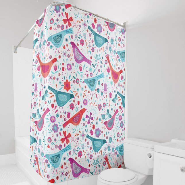 Vogel und Blumen Duschvorhang (Watercolor birds & flowers painting in teal green, magenta pink, purple & orange art shower curtain)