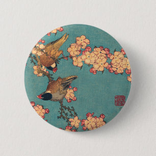 Vögel und Blumen japanische Kunst rosa floral Button