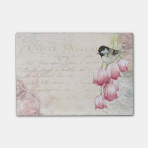 Vogel und Blumen mit handgeschriebenen Shabby Vint Post-it Klebezettel