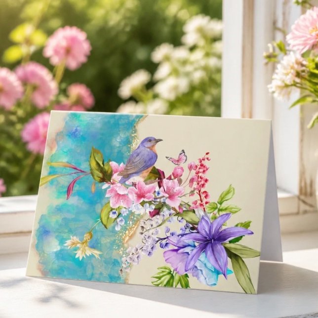 Vogel- und Blumen-Notizkarte (Von Creator hochgeladen)