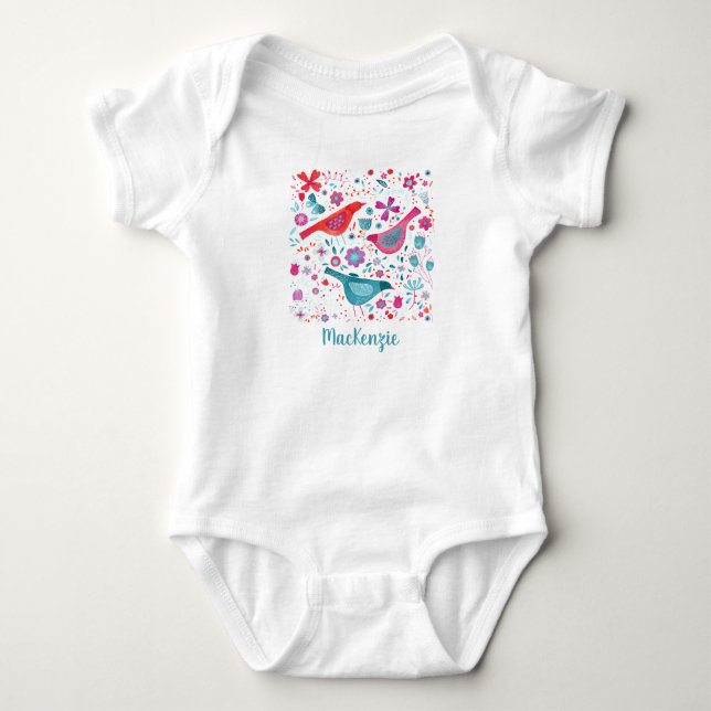 Vogel und Blumen Wasserfarbe Personalisiert Baby Strampler (Vorderseite)