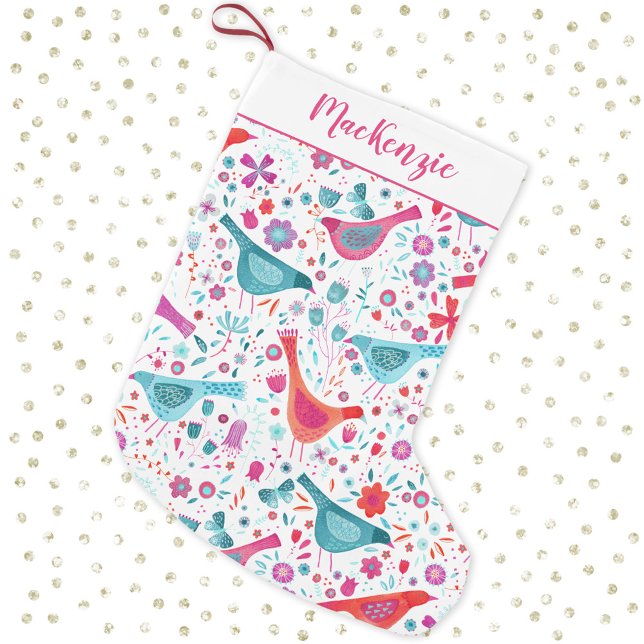 Vogel und Blumen Wasserfarbe Personalisiert Kleiner Weihnachtsstrumpf (Watercolor birds and flowers personalized script name Christmas stocking)