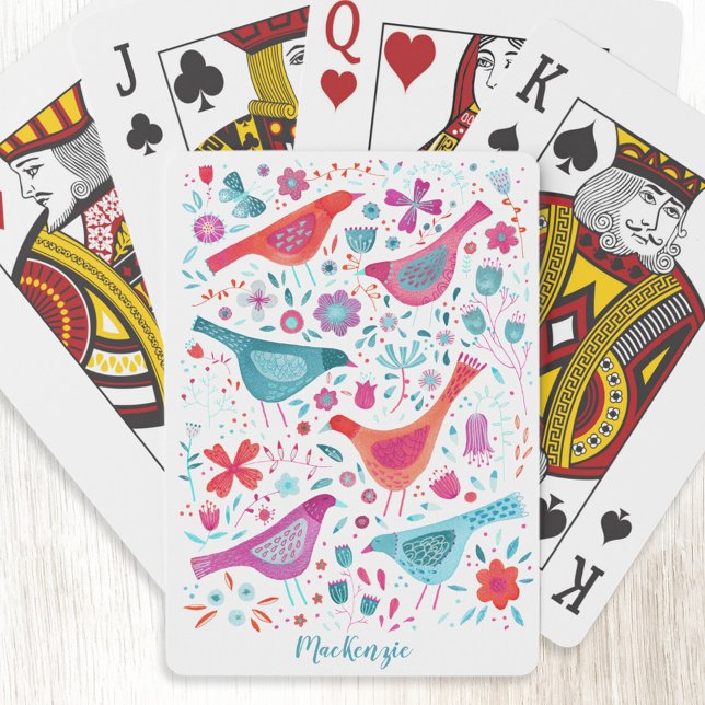 Vogel und Blumen Wasserfarbe Personalisiert Spielkarten (Personalized name script watercolor bird and wild flower art playing cards)