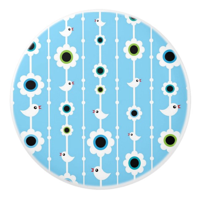 Vogel- und Blumenblaumuster Keramikknauf (Vorderseite)