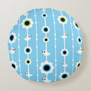 Vogel- und Blumenblaumuster Rundes Kissen
