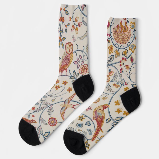 Vogel- und Blumenmuster, William Morris Socken (Linkes Detail)
