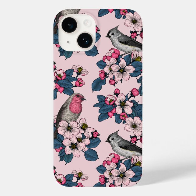 Vögel und Blüten auf rosa Case-Mate iPhone 14 Hülle (Rückseite)