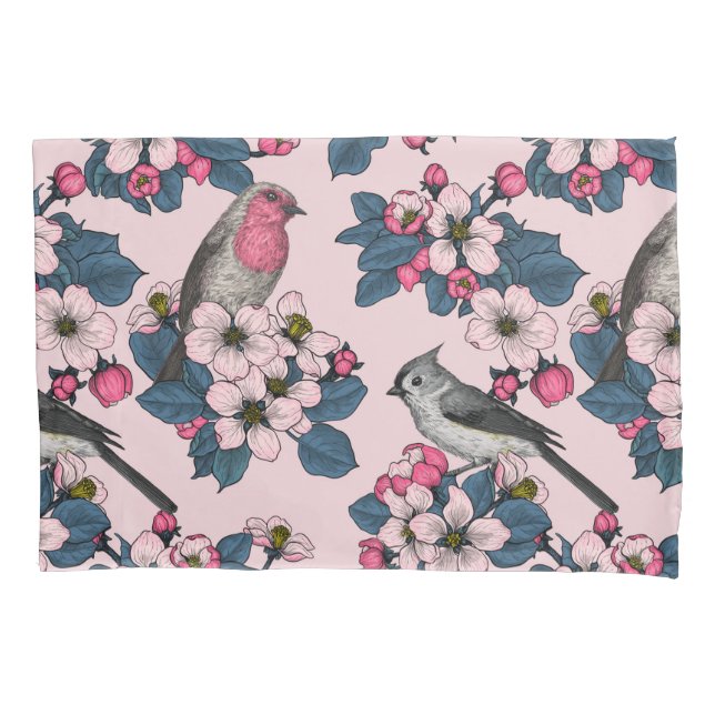 Vögel und Blüten auf rosa Kissenbezug (Vorderseite-Links)