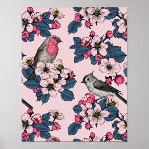 Vögel und Blüten auf rosa Poster