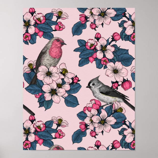 Vögel und Blüten auf rosa Poster (Vorne)