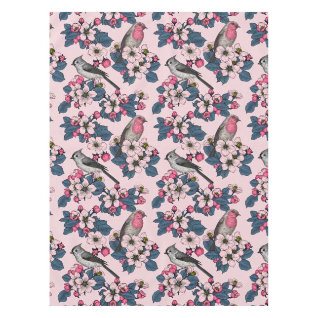 Vögel und Blüten auf rosa Tischdecke (Vorderseite)