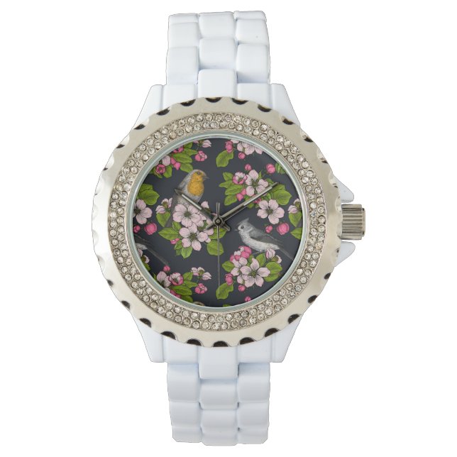 Vögel und Blüten auf schwarz Armbanduhr (Vorderseite)
