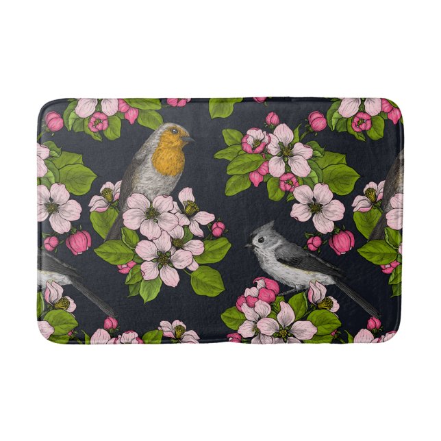 Vögel und Blüten auf schwarz Badematte (Vorderseite)
