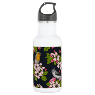 Vögel und Blüten auf schwarz Edelstahlflasche