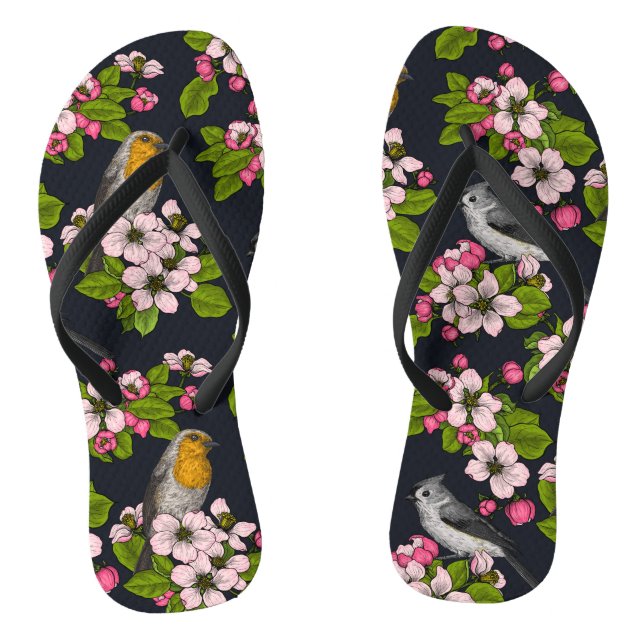 Vögel und Blüten auf schwarz Flip Flops (Fußbett)