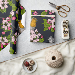 Vögel und Blüten auf schwarz Geschenkpapier