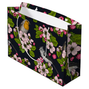 Vögel und Blüten auf schwarz Große Geschenktüte