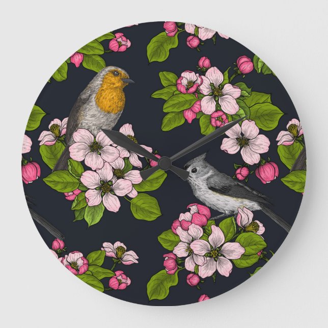 Vögel und Blüten auf schwarz Große Wanduhr (Vorderseite)