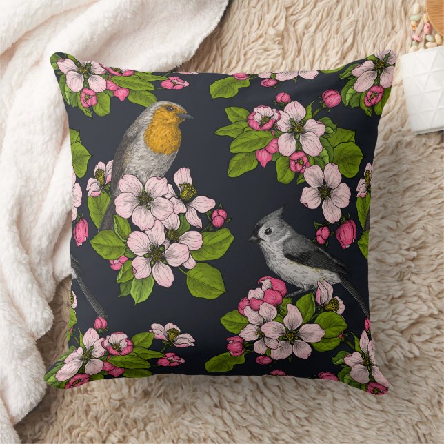 Vögel und Blüten auf schwarz Kissen (Decke)