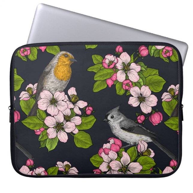 Vögel und Blüten auf schwarz Laptopschutzhülle (Vorderseite)