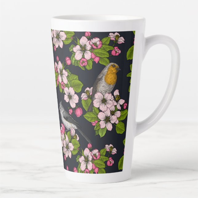 Vögel und Blüten auf schwarz Milchtasse (Rechts)